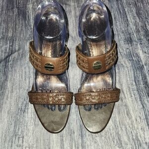 Merona Women's Brown‎ Leather Slip On Heeled Sandals Western Size 9.5